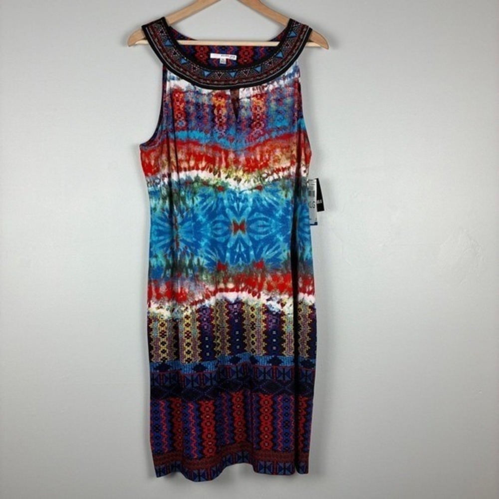 Studio One Tie Dye Ikat Dress XL Polyester Boho Festival Summer Vibrant Beaded